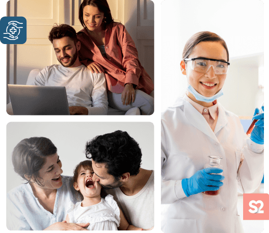 Imagens de um casal cuidando da saúde, uma família saudável e feliz, uma técnica laboratorial processando uma amostra de sangue