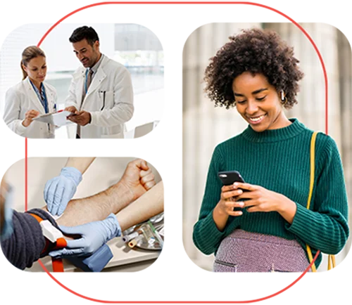 Médico e médica analisando exames, profissional de laboratório coletando material e mulher saudável sorrindo ao usar o telefone.